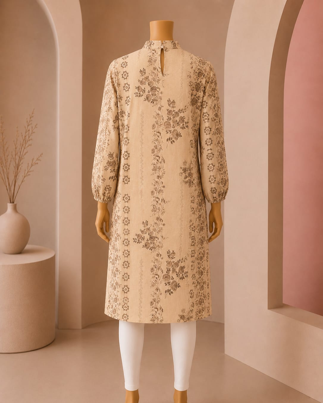 Vintage Bloom Mock-Neck Midi Top – Cream