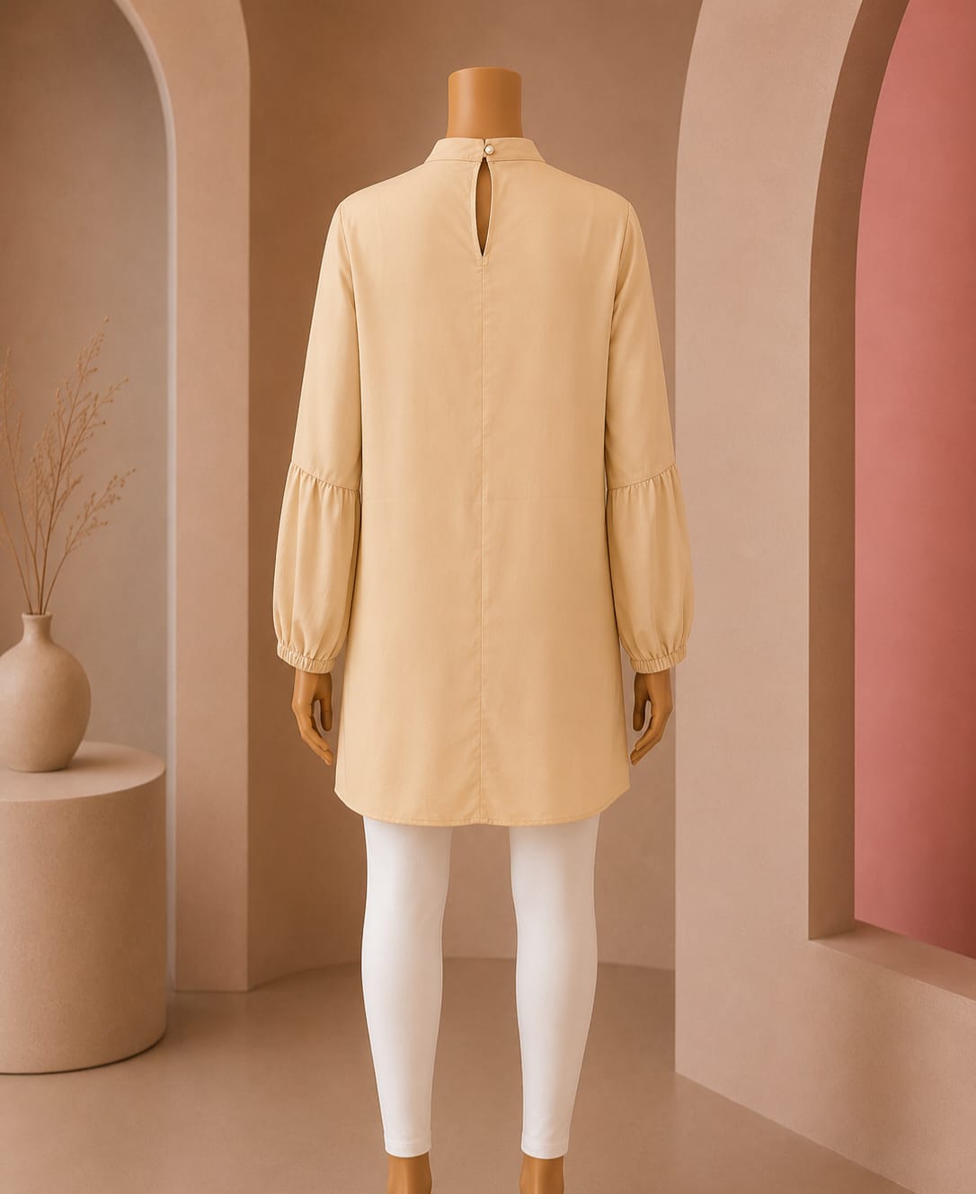 Graceful Bell-Sleeve Mock-Neck Midi Top – Beige