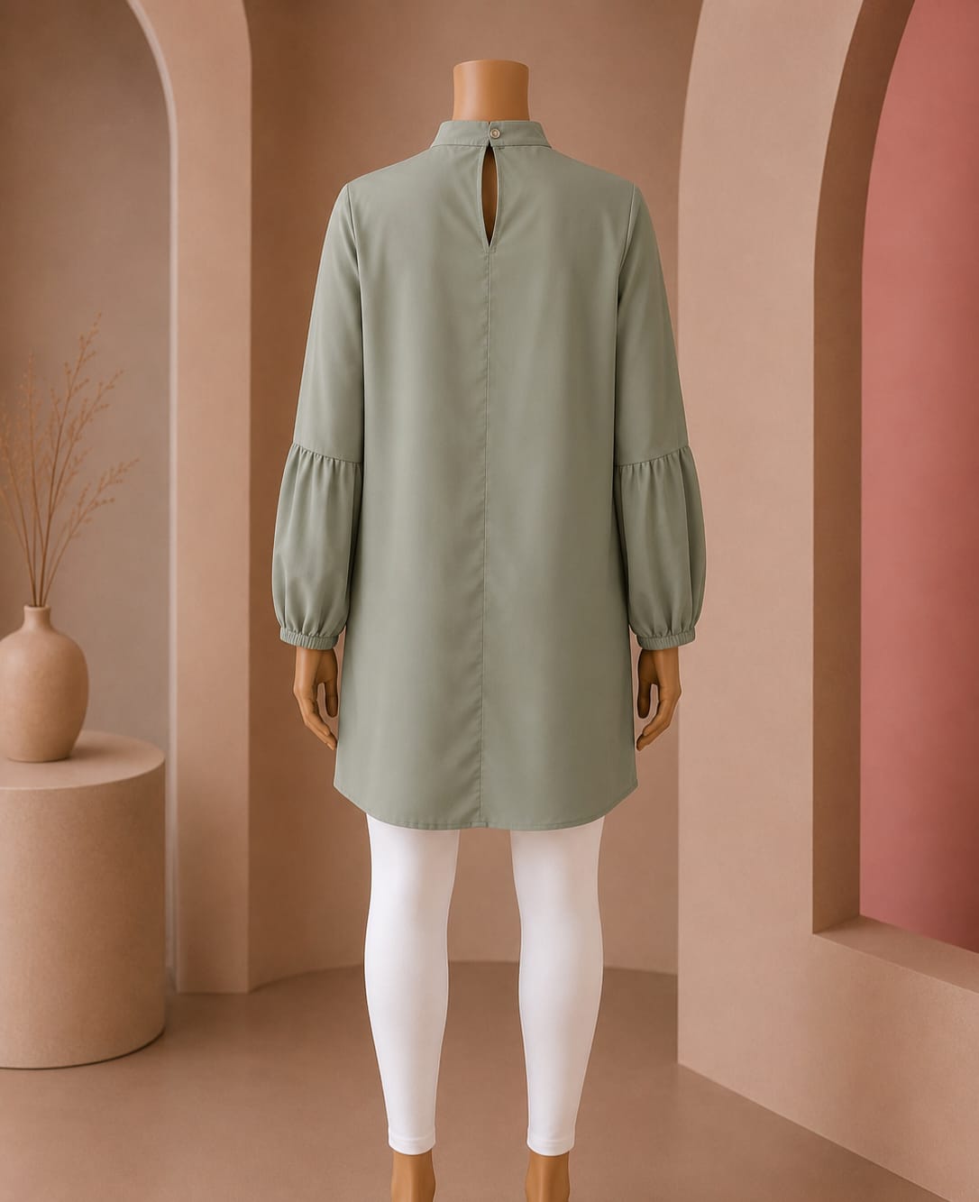 Graceful Bell-Sleeve Mock-Neck Midi Top – Sage Green