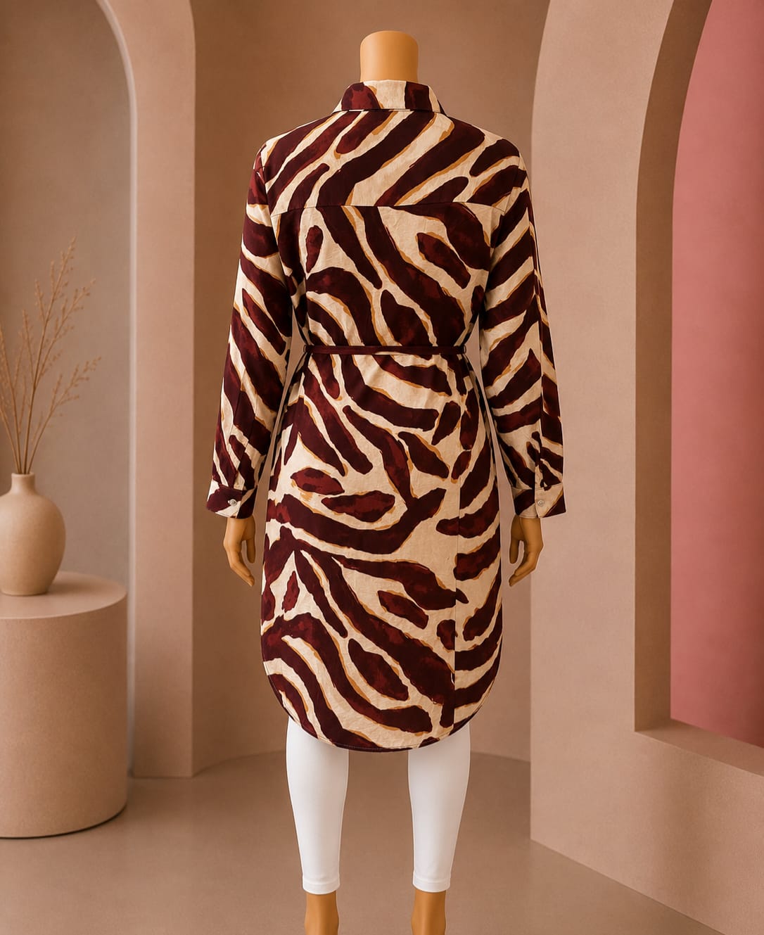 Maroon Abstract Print Belted Shirt Dress