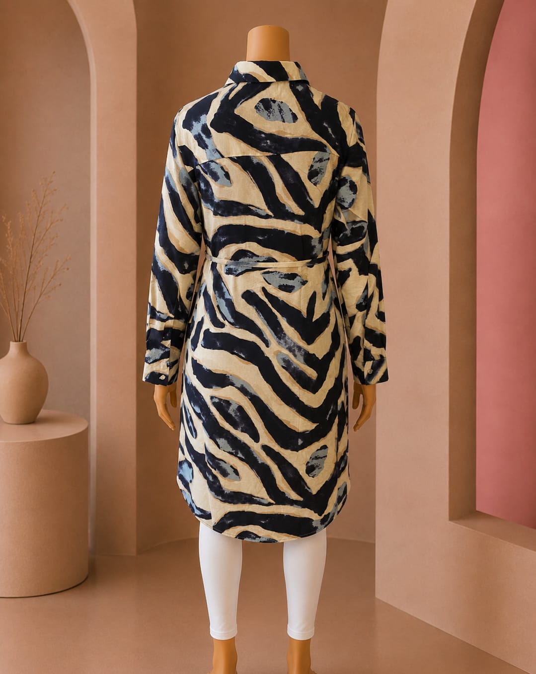 Navy Abstract Print Belted Shirt Dress