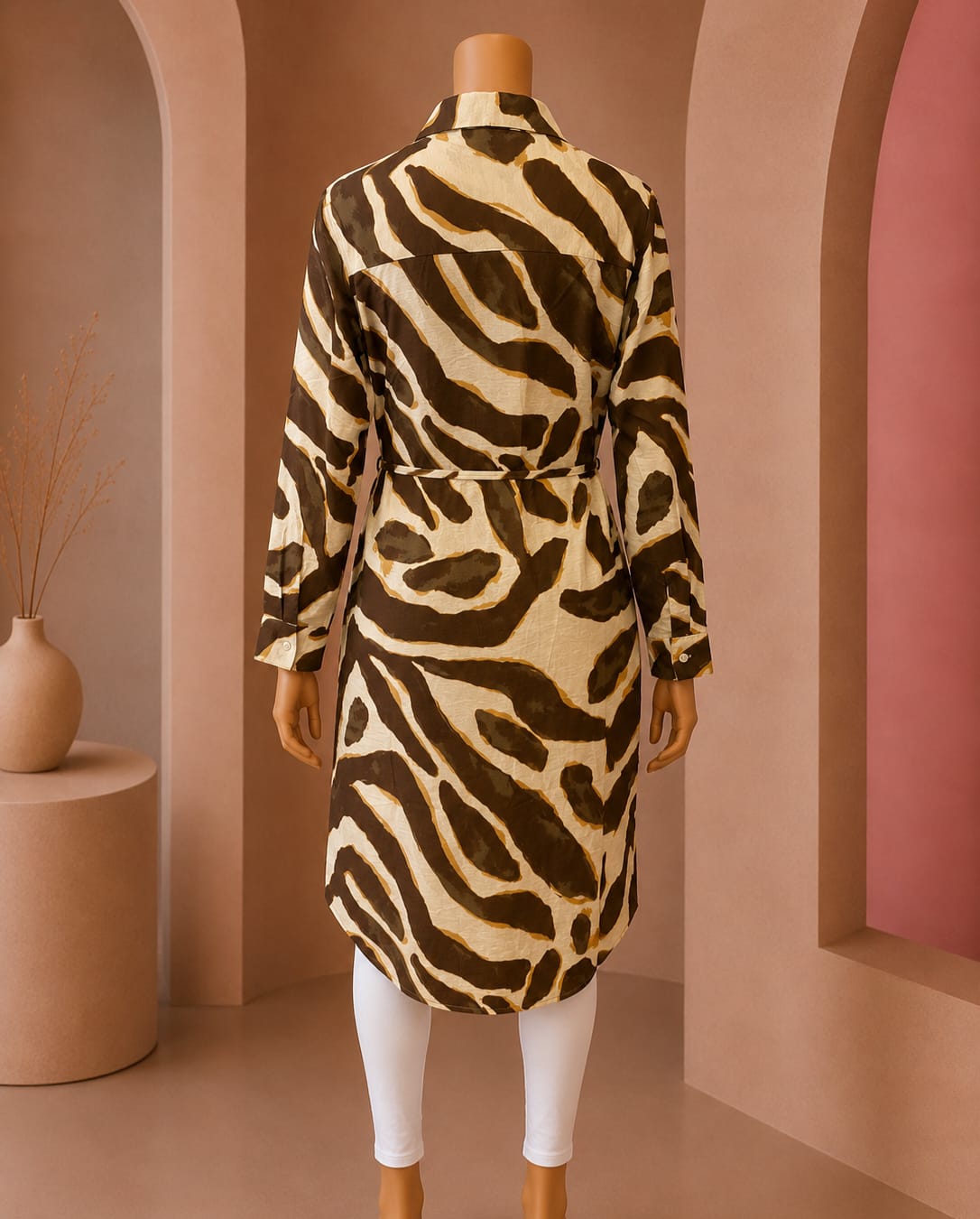 Mocha Abstract Print Belted Shirt Dress