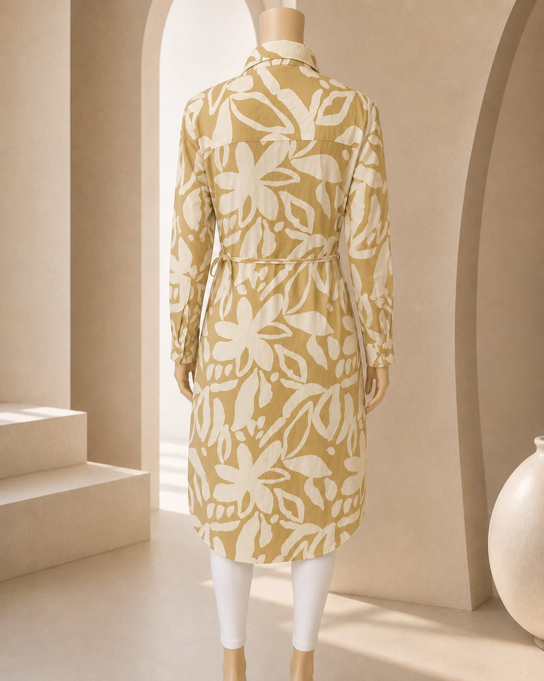 Sand Beige Botanical Tie-Waist Shirt Dress
