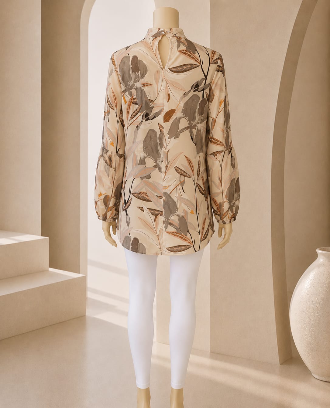 Blush Beige Floral Mock-Neck Tunic