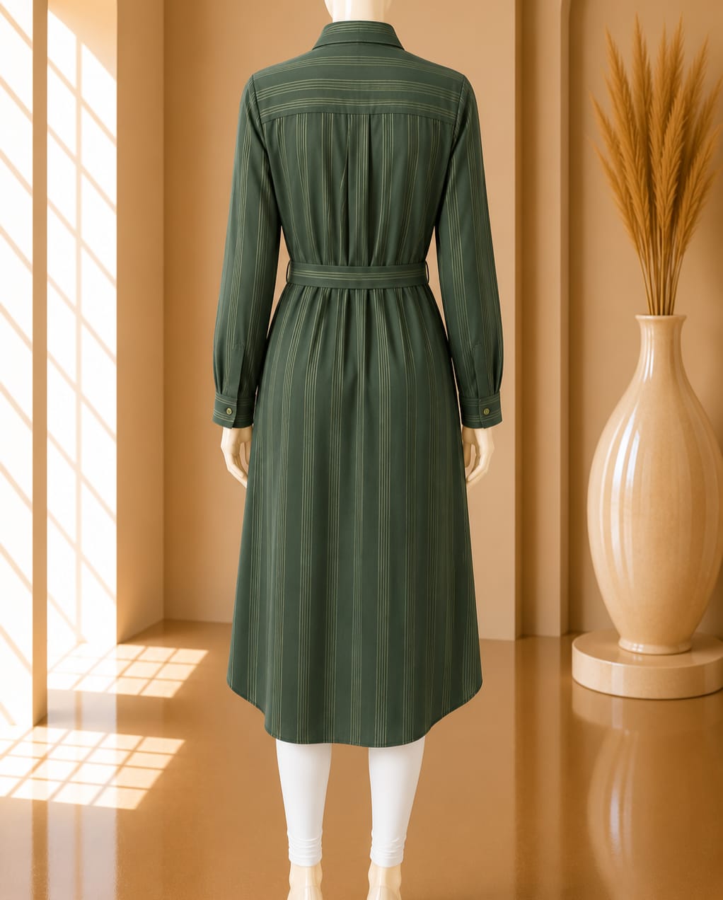 Olive Belted Stripe Shirt Dress