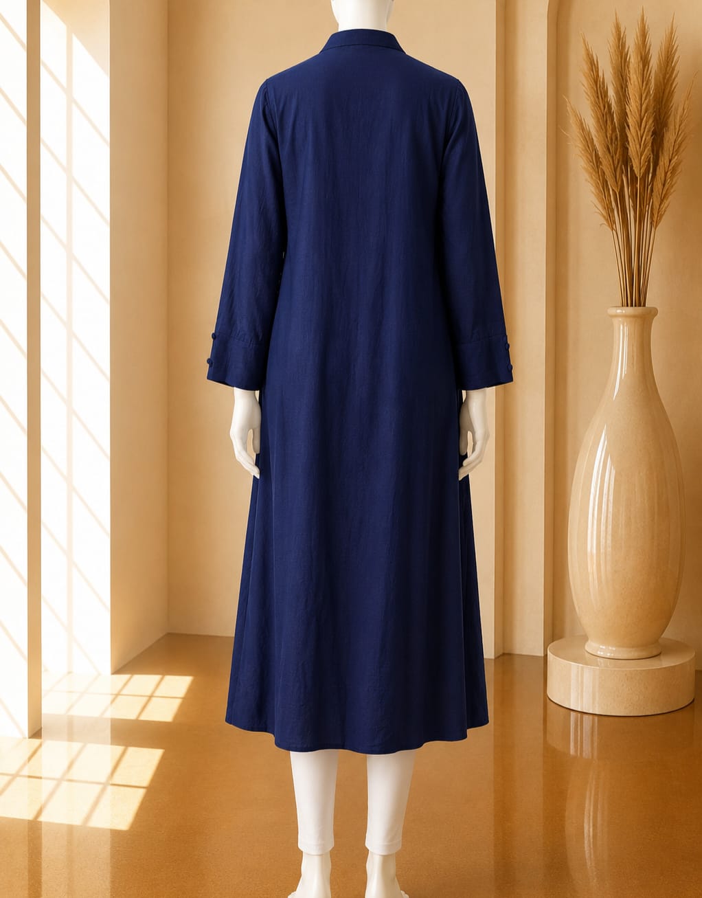 Navy Mandarin Collar Midi Tunic