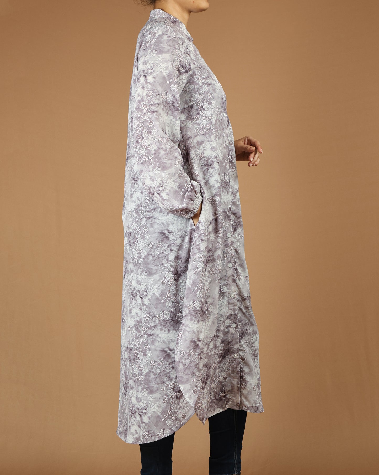 Flowy Long Shirt Tunic - Elegant Floral Print