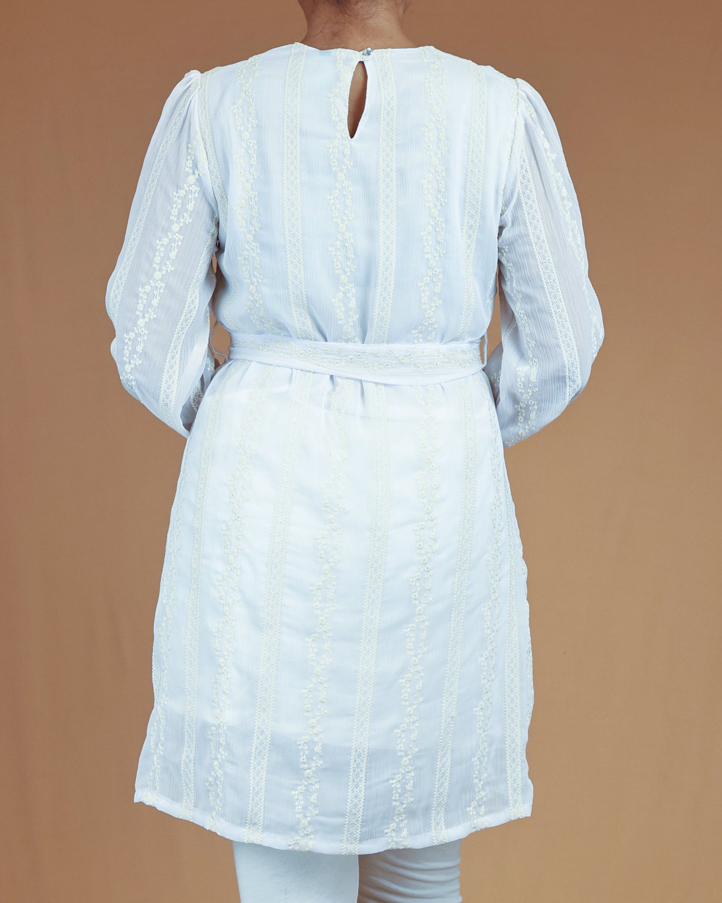 Frosted Pearl Embroidered Midi with Waist Tie Belt