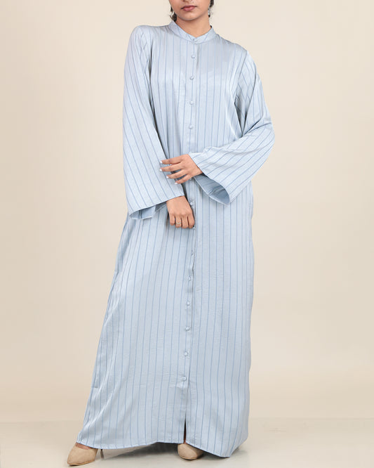 Powder Blue Satin Stripe Abaya Maxi