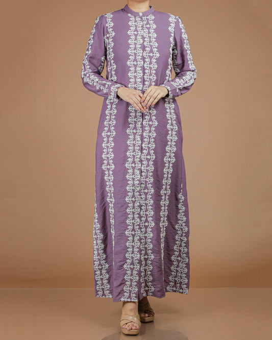 Printed Linen-Cotton Maxi Dress with Long Sleeves