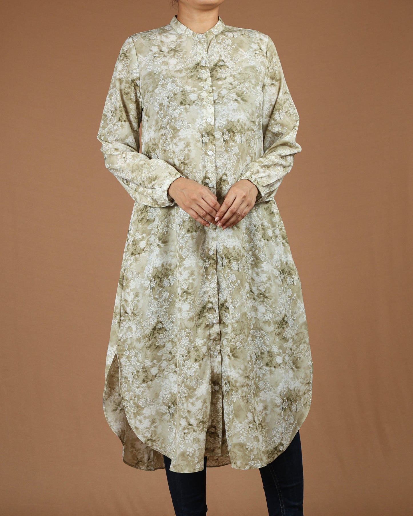 Flowy Long Shirt Tunic - Elegant Floral Print