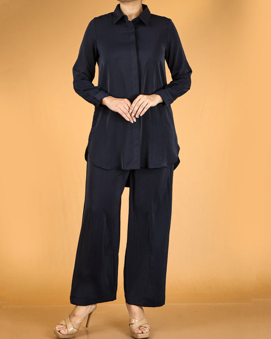 Elegant Long Shirt & Wide-Leg Pant Co-ord Set