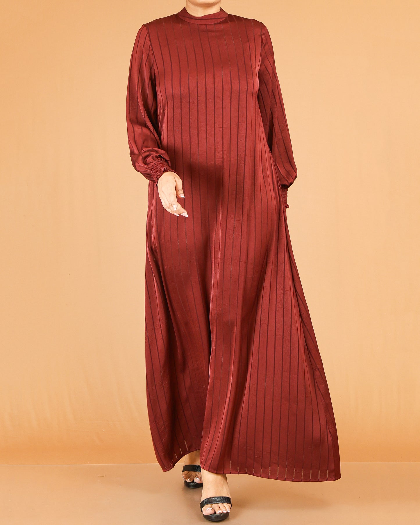 Maroon Textured Stripe Abaya with Gathered Sleeves