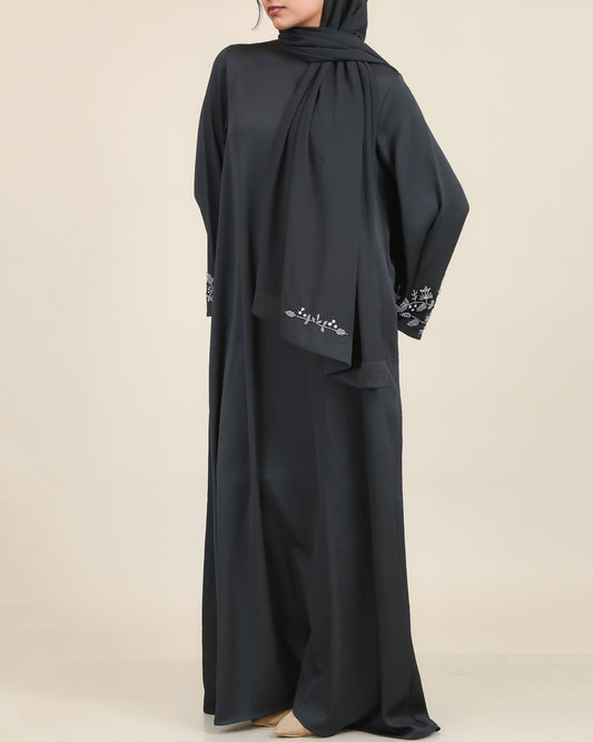 Midnight Stone Embroidered Sleeve Abaya with Shawl