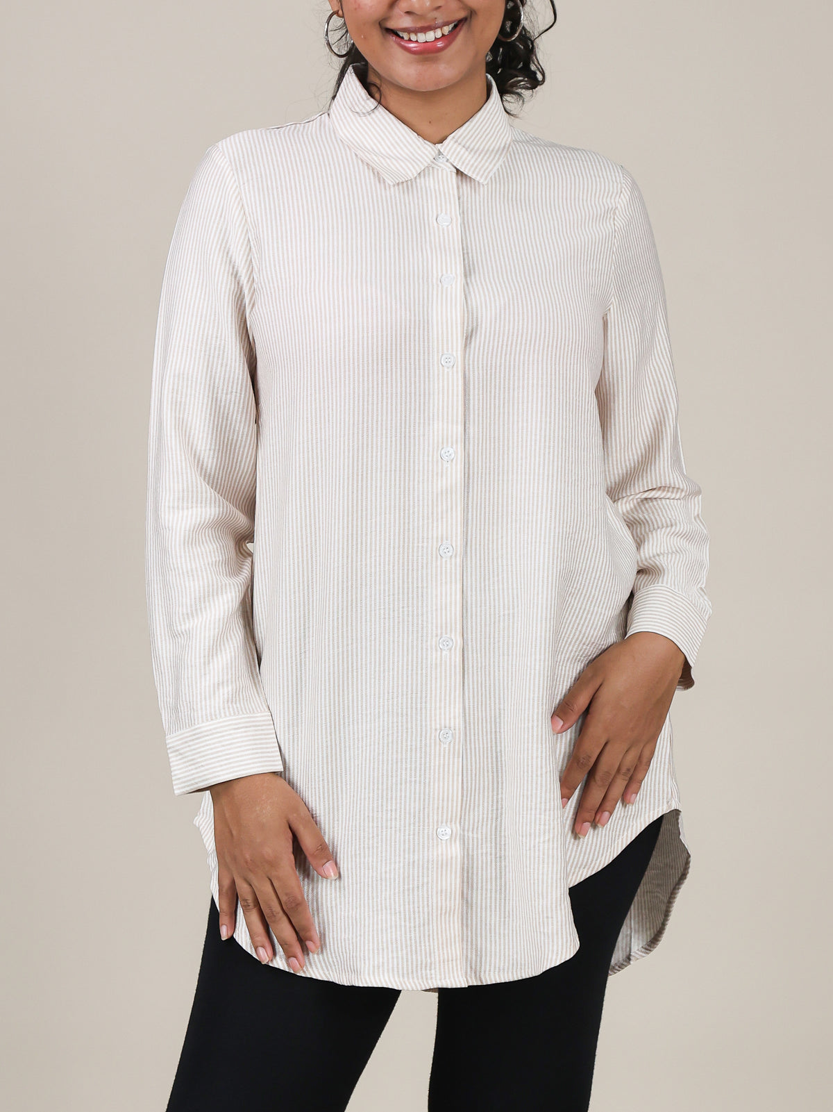 Elara Beige Stripe Button Front Top