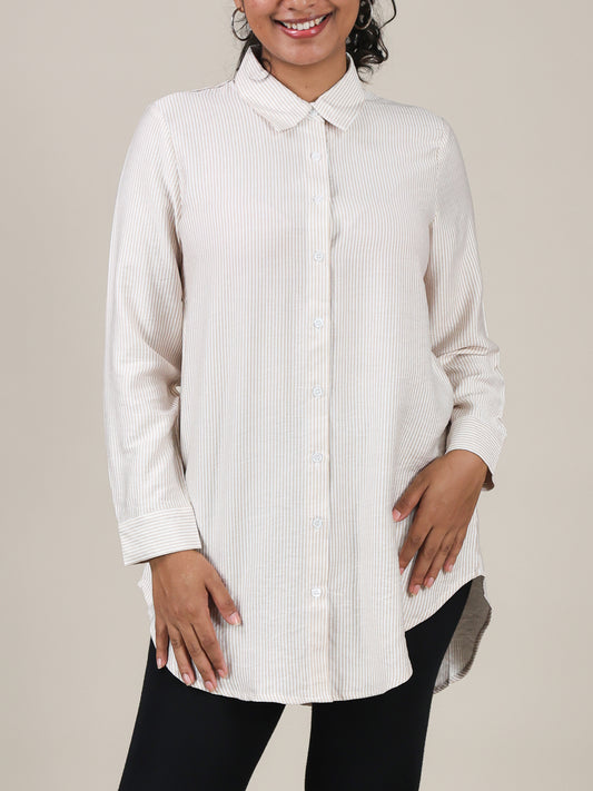 Elara Beige Stripe Button Front Top