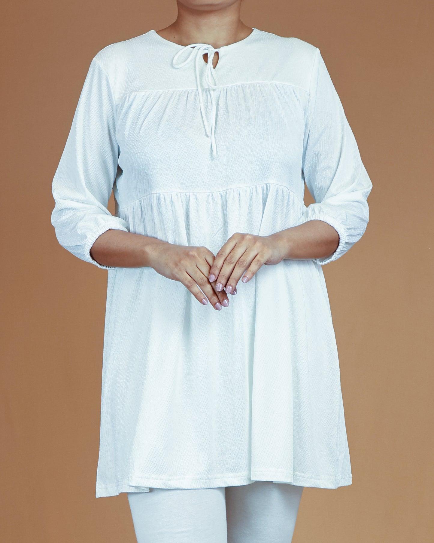 Ivory Cloud Textured Midi with Tie-Neck Detail