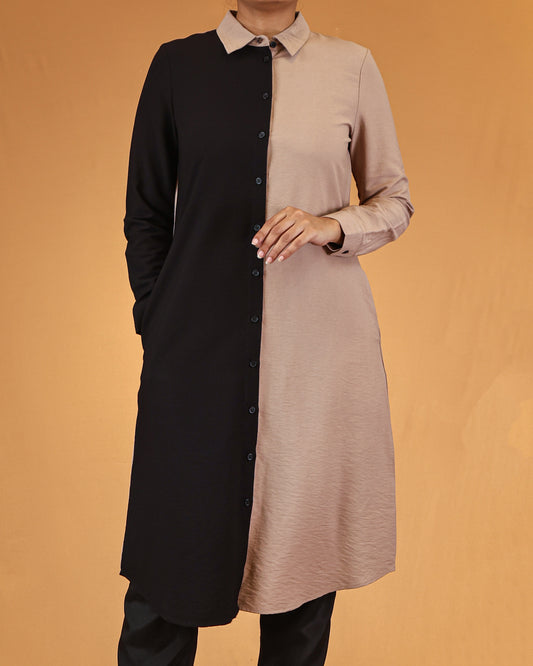 Dual-Tone Buttoned Shirt Dress
