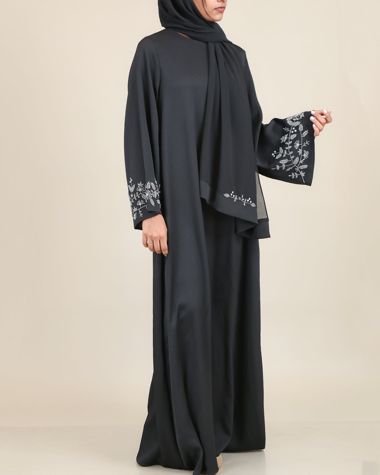 Midnight Stone Embroidered Sleeve Abaya with Shawl
