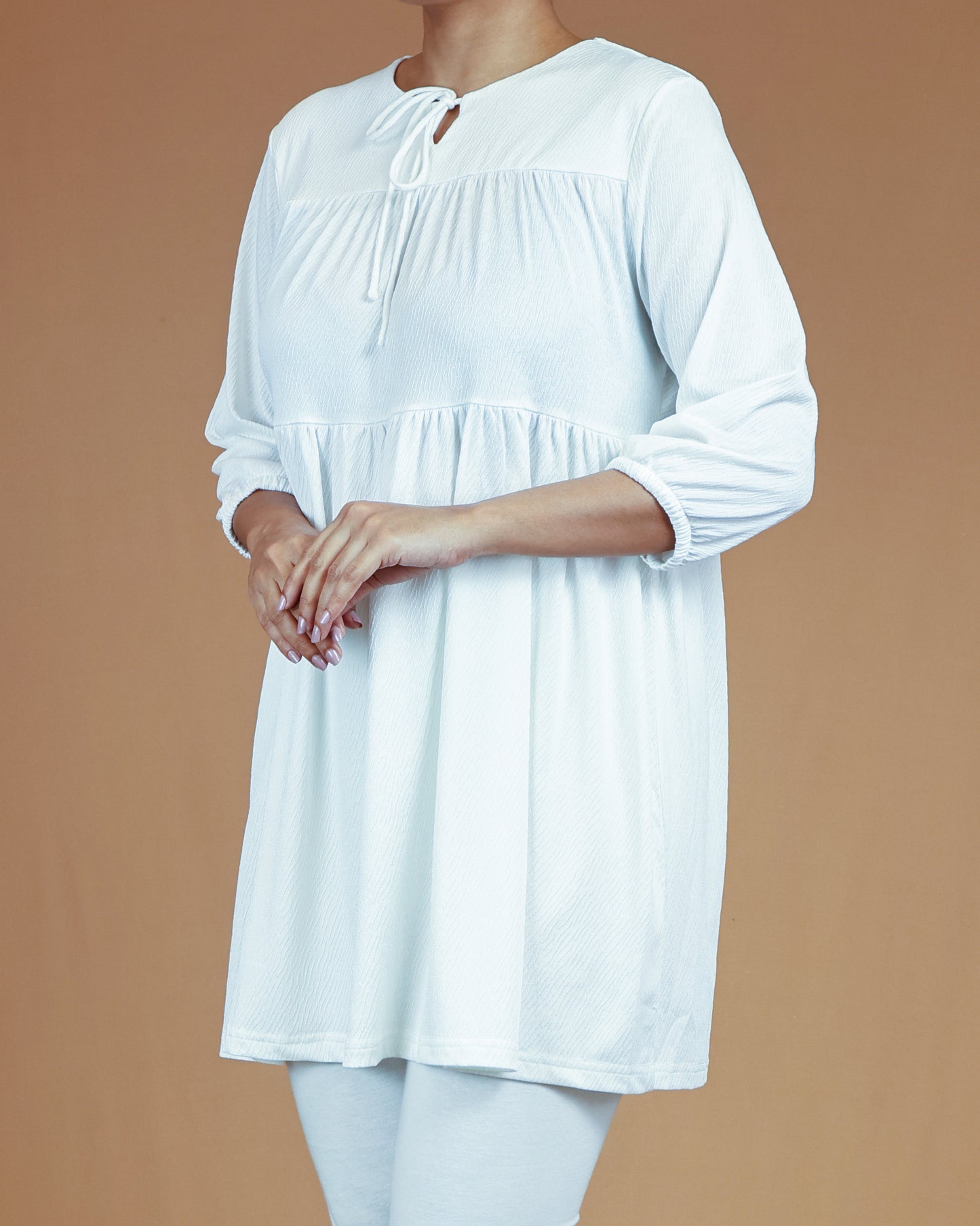 Ivory Cloud Textured Midi with Tie-Neck Detail