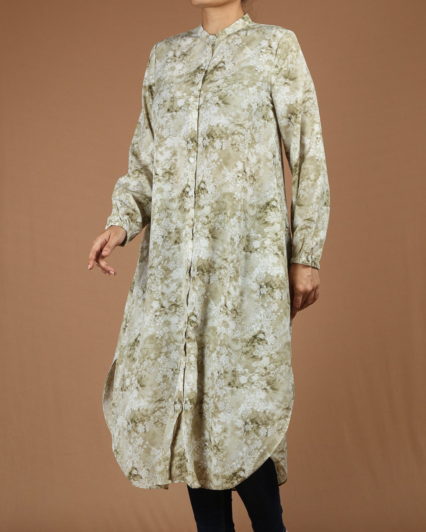 Flowy Long Shirt Tunic - Elegant Floral Print