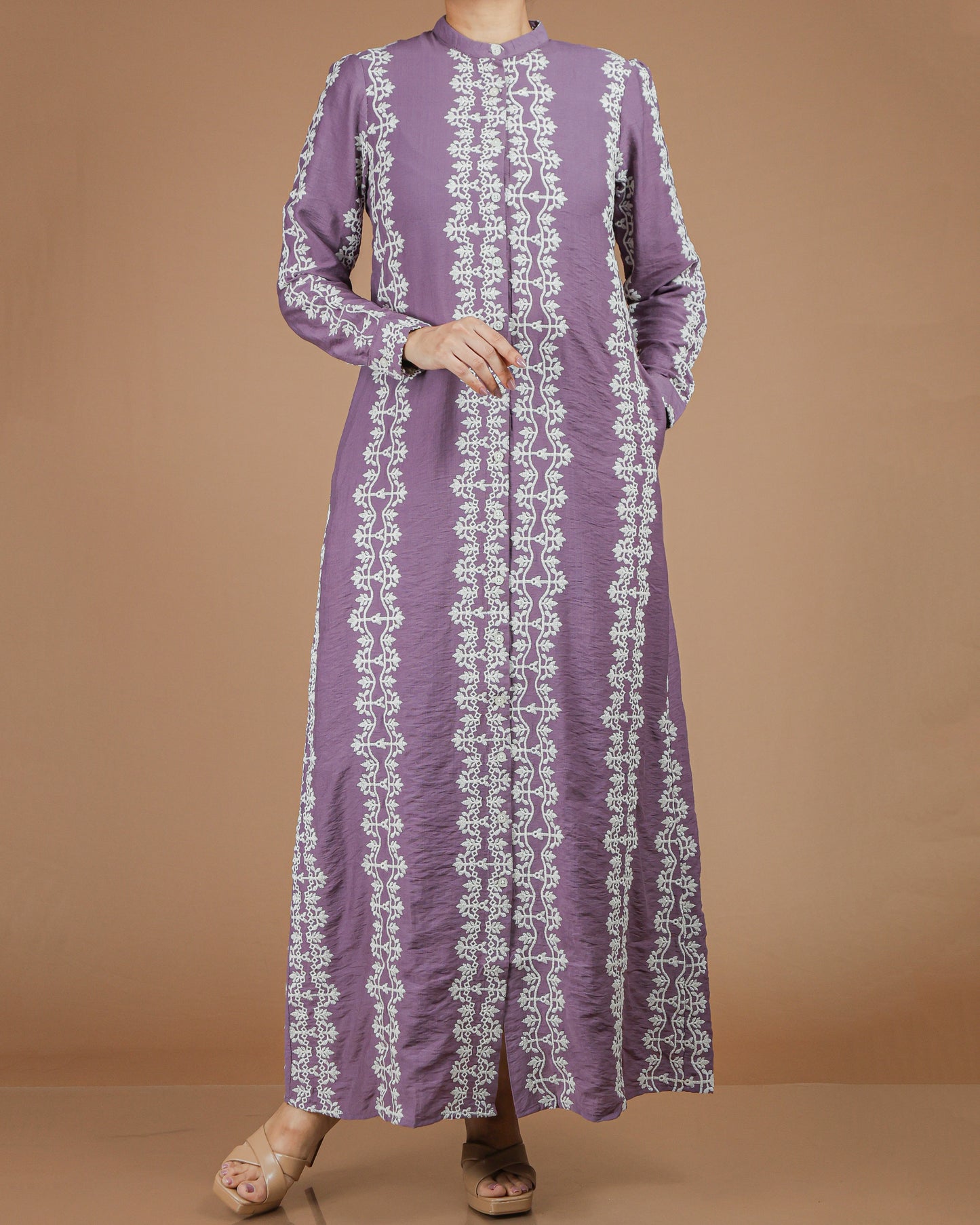 Printed Linen-Cotton Maxi Dress with Long Sleeves