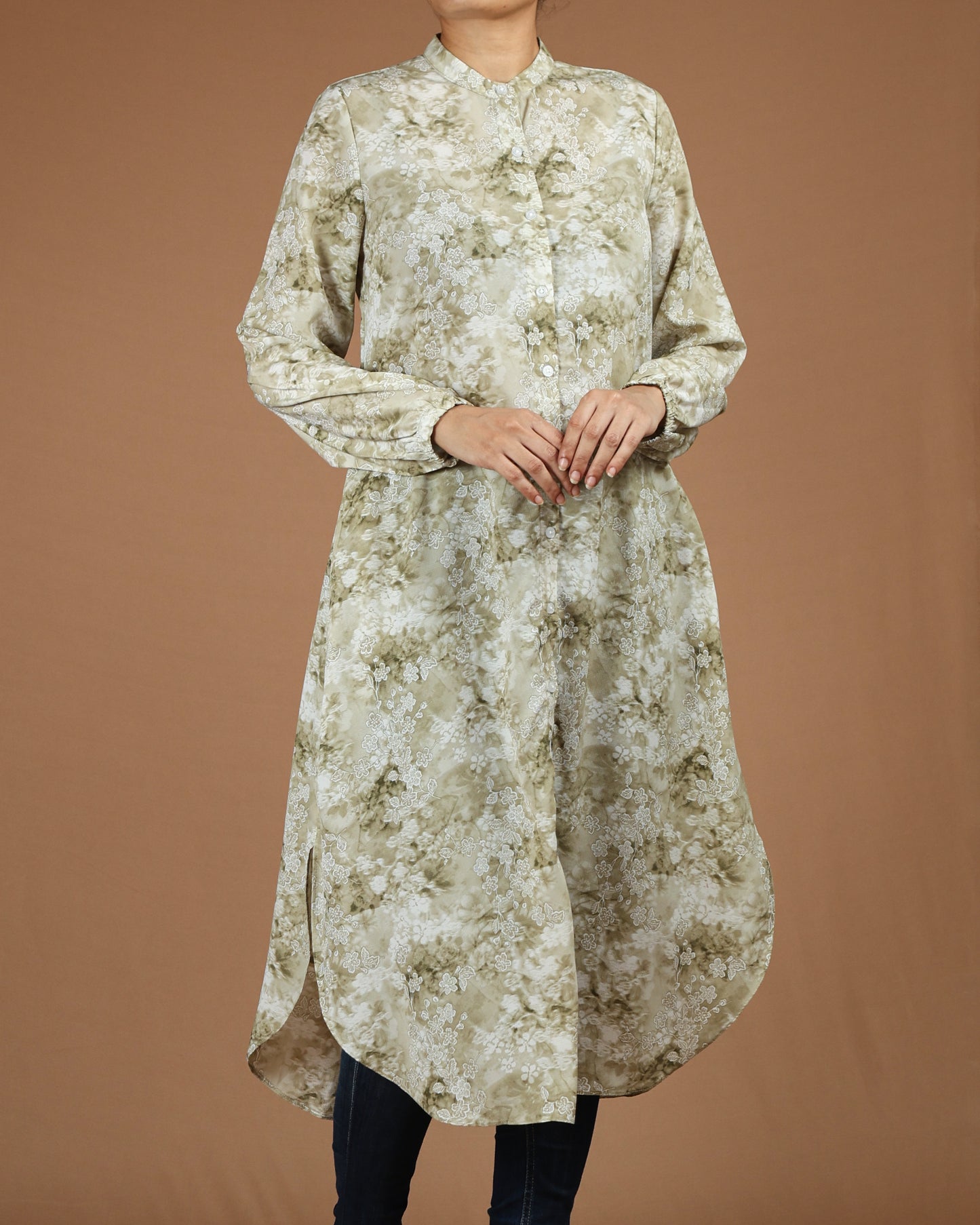 Flowy Long Shirt Tunic - Elegant Floral Print