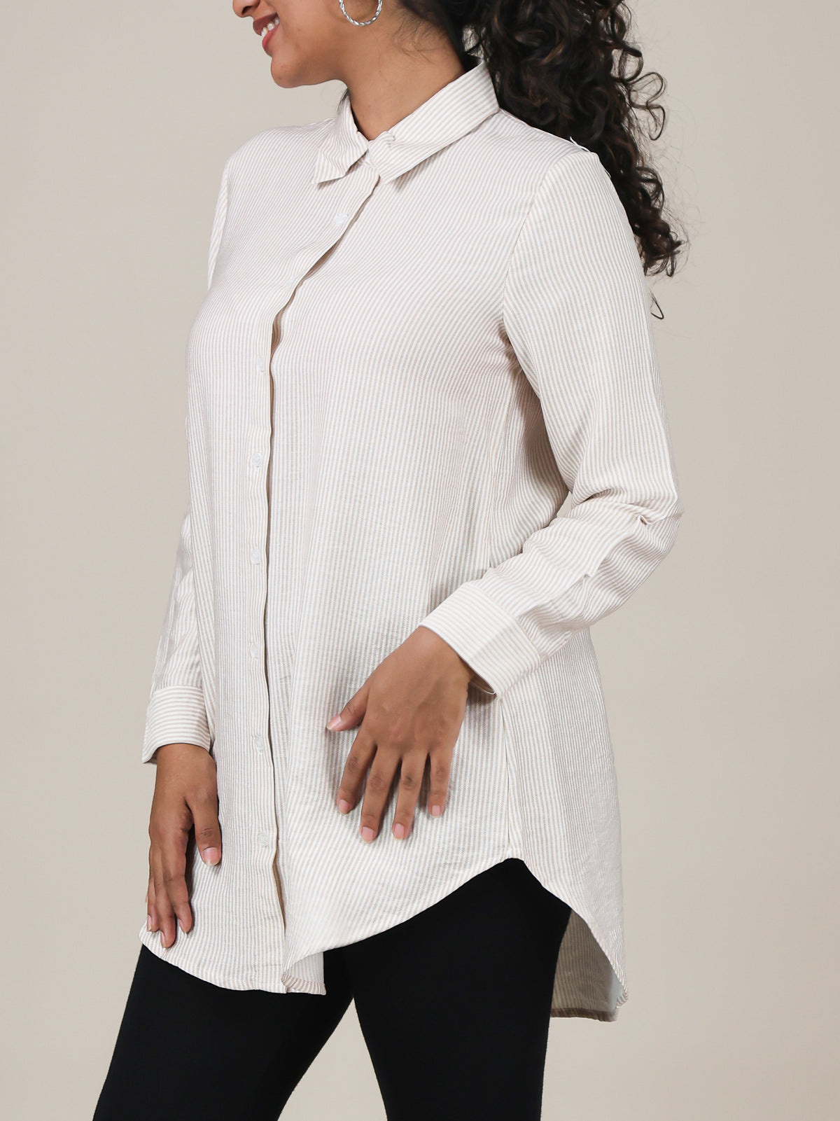 Elara Beige Stripe Button Front Top