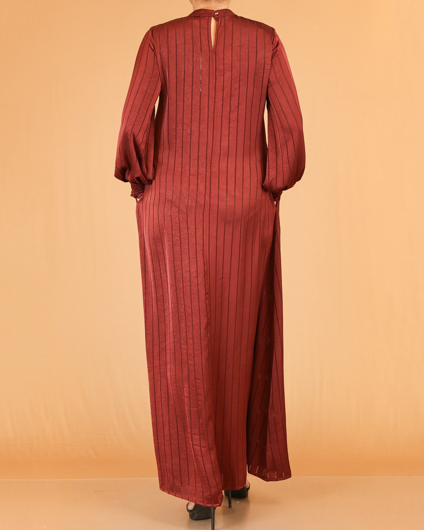 Maroon Textured Stripe Abaya with Gathered Sleeves