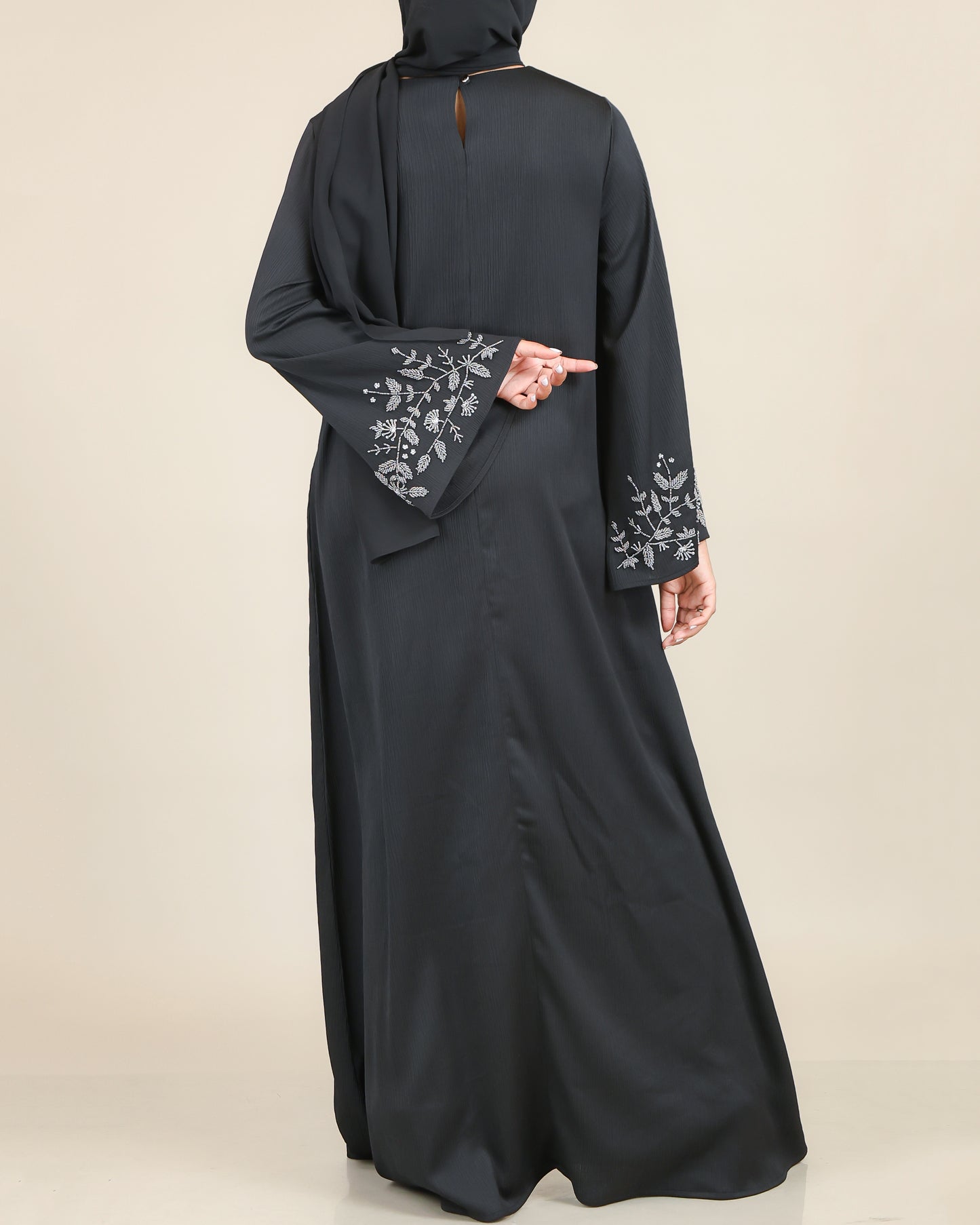 Midnight Stone Embroidered Sleeve Abaya with Shawl