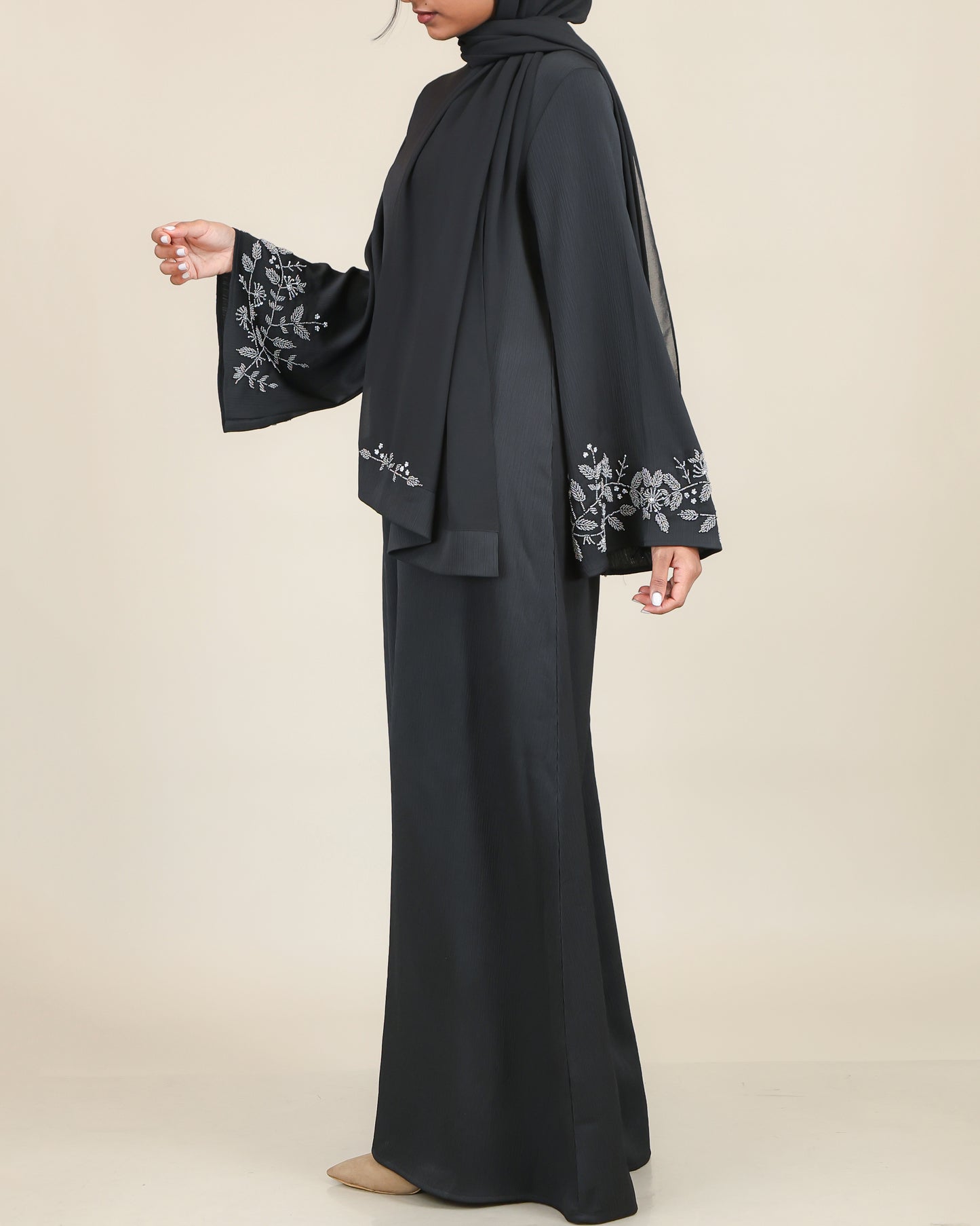 Midnight Stone Embroidered Sleeve Abaya with Shawl
