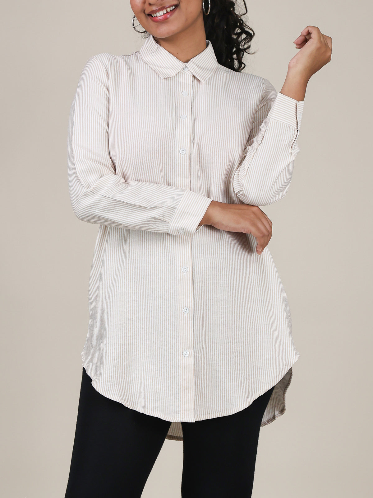 Elara Beige Stripe Button Front Top