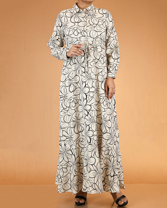 Ivory Floral Line Print Abaya Maxi Dress