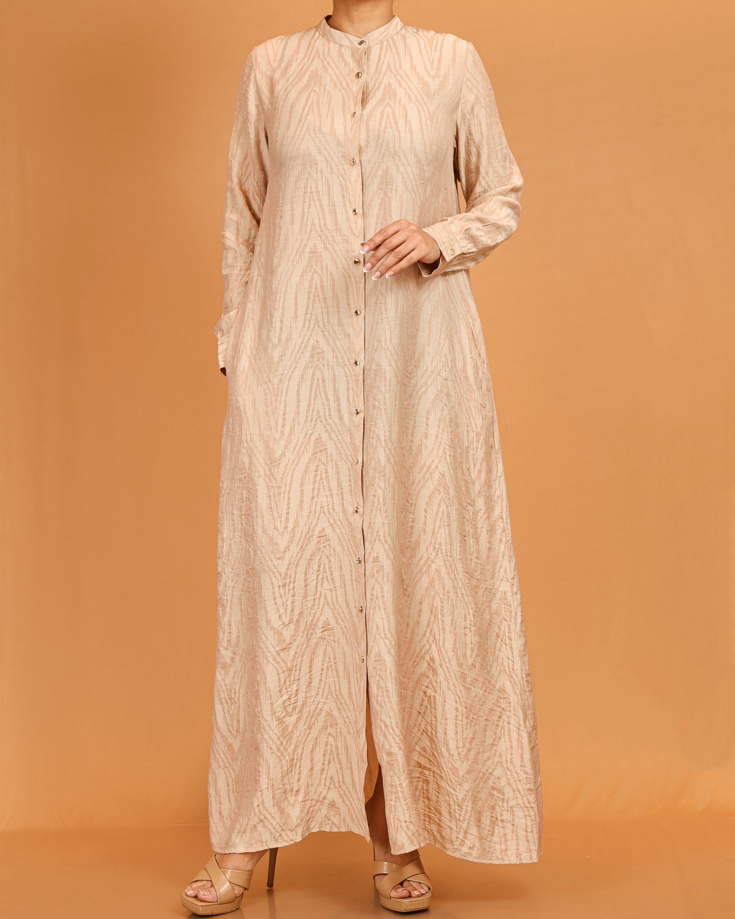 Beige Textured Button-Down Dress