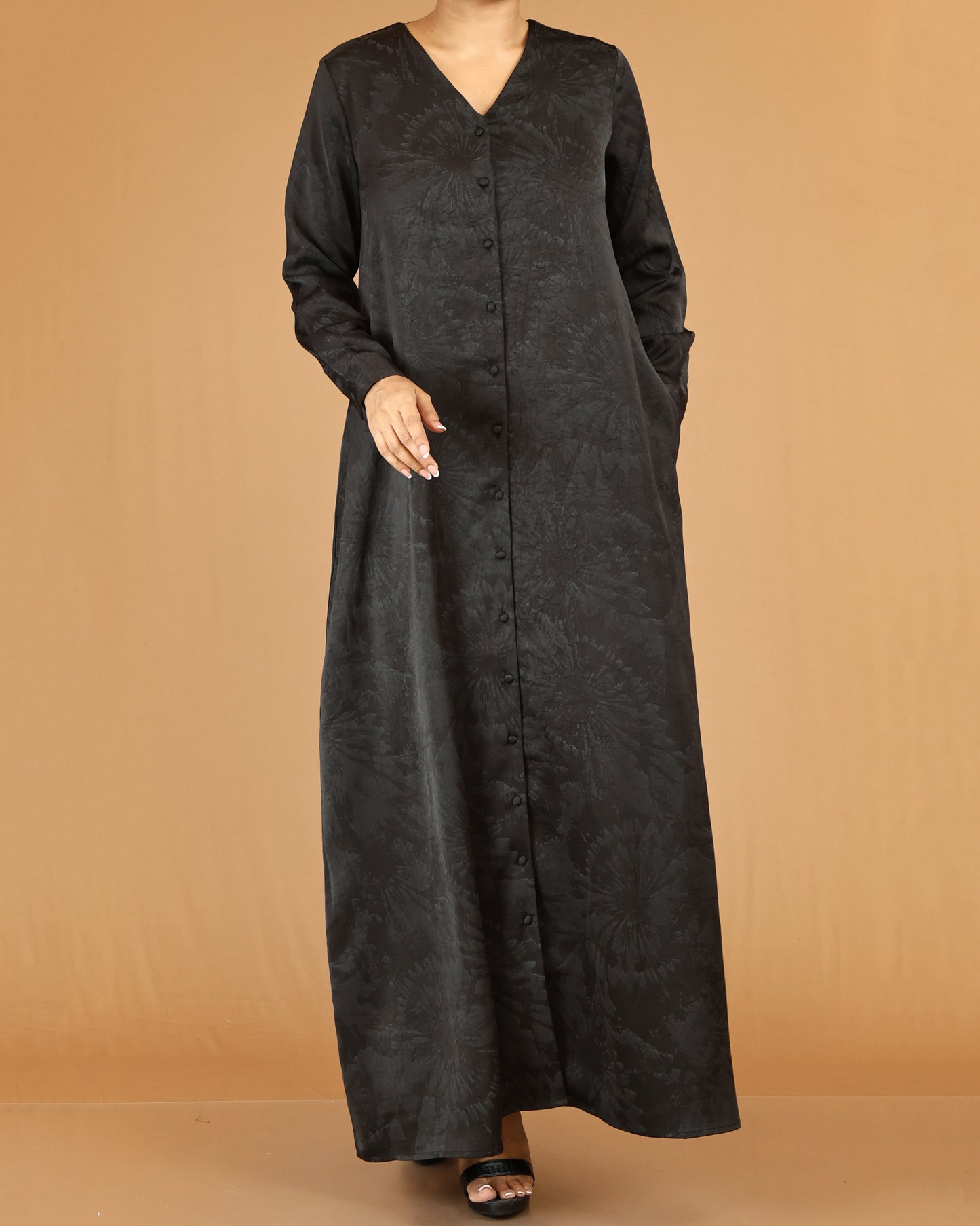 Black Minimal Button Down Abaya Maxi with V-Neckline