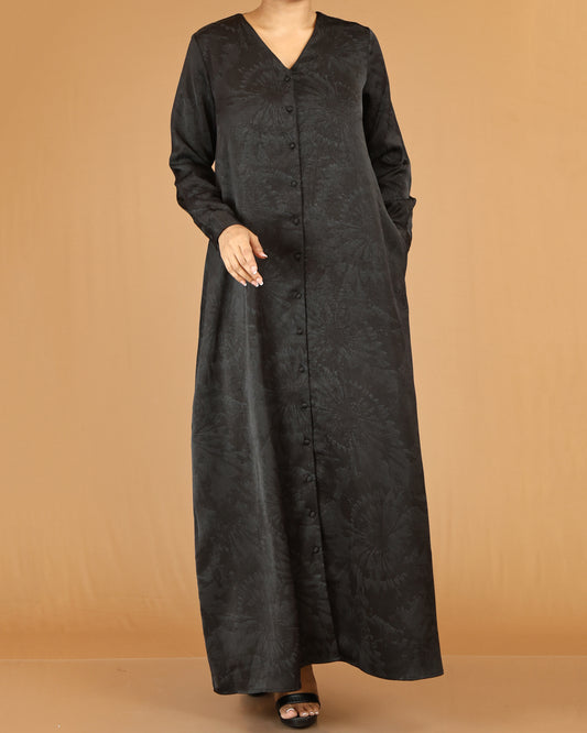 Black Minimal Button Down Abaya Maxi with V-Neckline