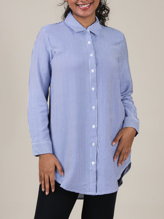 Elara Blue Stripe Button Front Top
