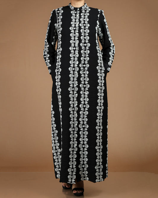 Printed Linen-Cotton Maxi Dress with Long Sleeves