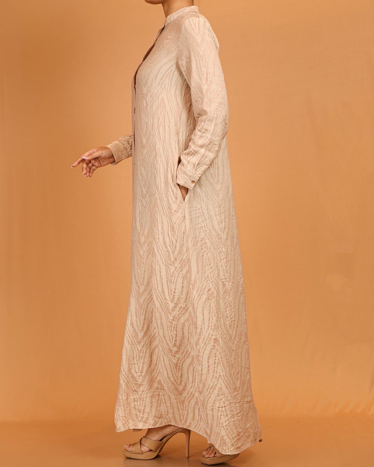 Beige Textured Button-Down Dress