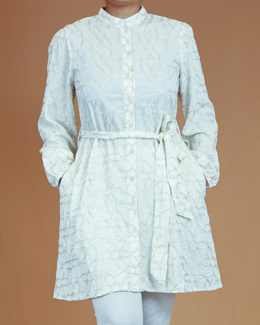 Ivory Mist Floral Mandarin Shirt Dress with Waist Tie Belt