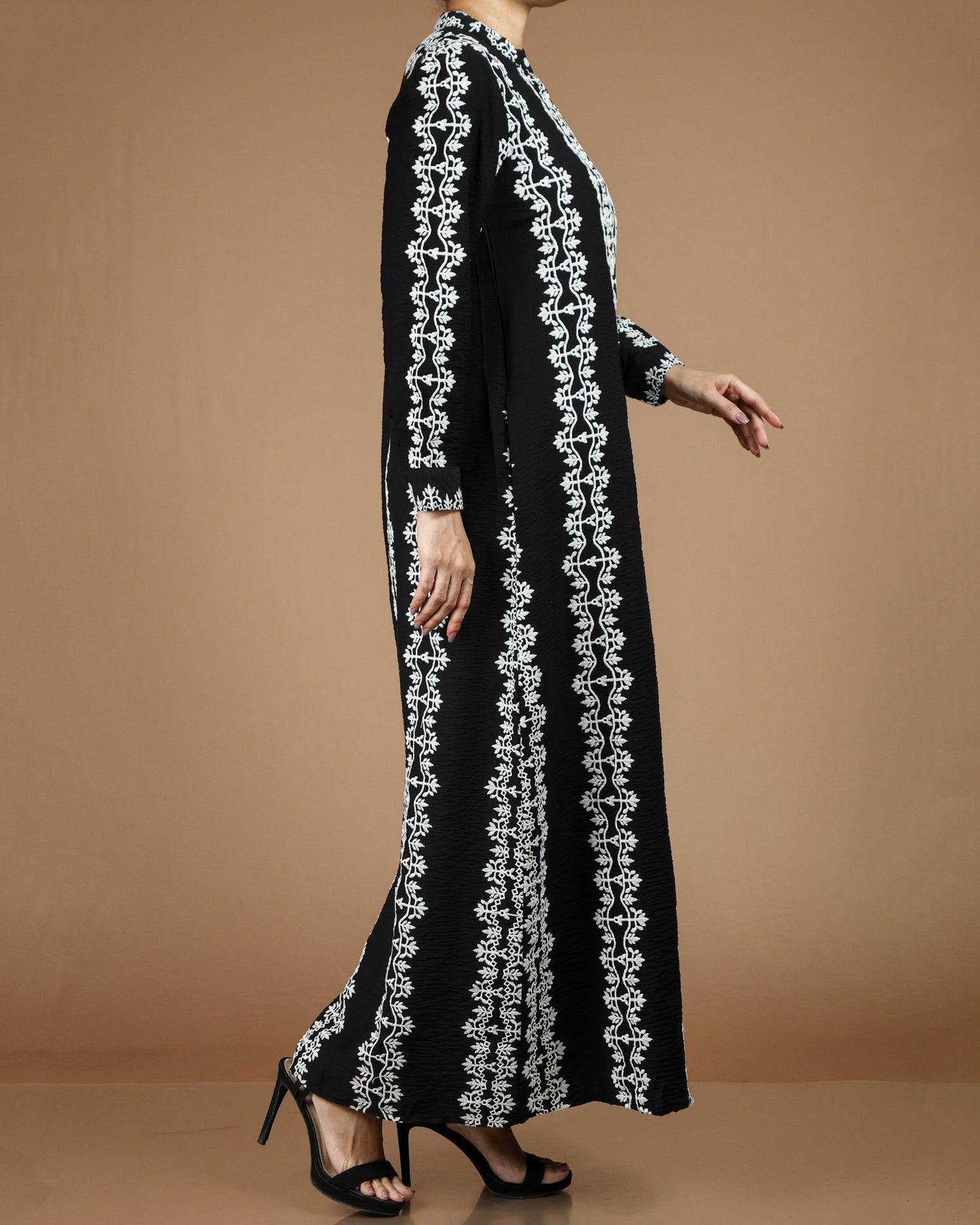Printed Linen-Cotton Maxi Dress with Long Sleeves