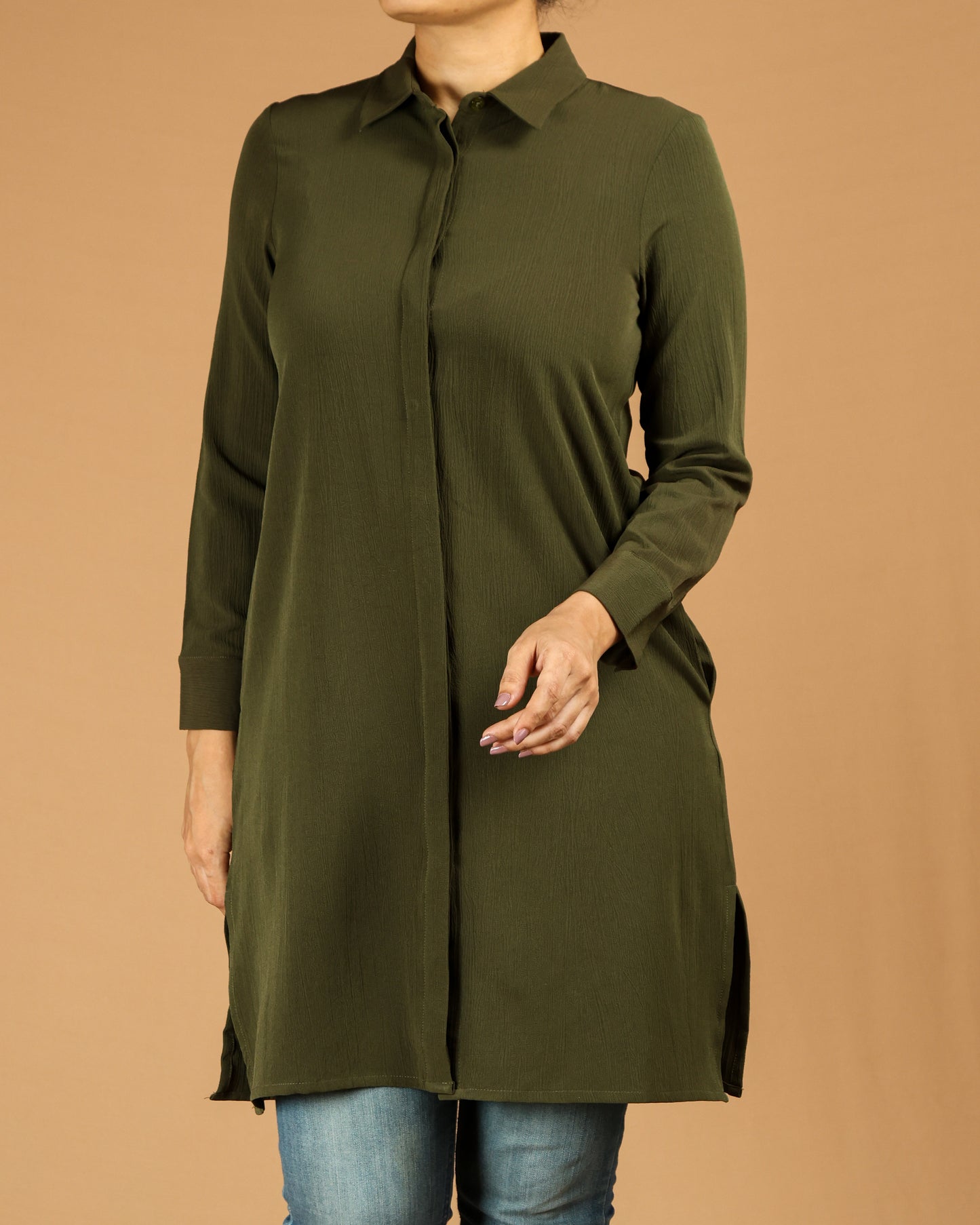 Classic Button-Down Long Shirt with Side Slits