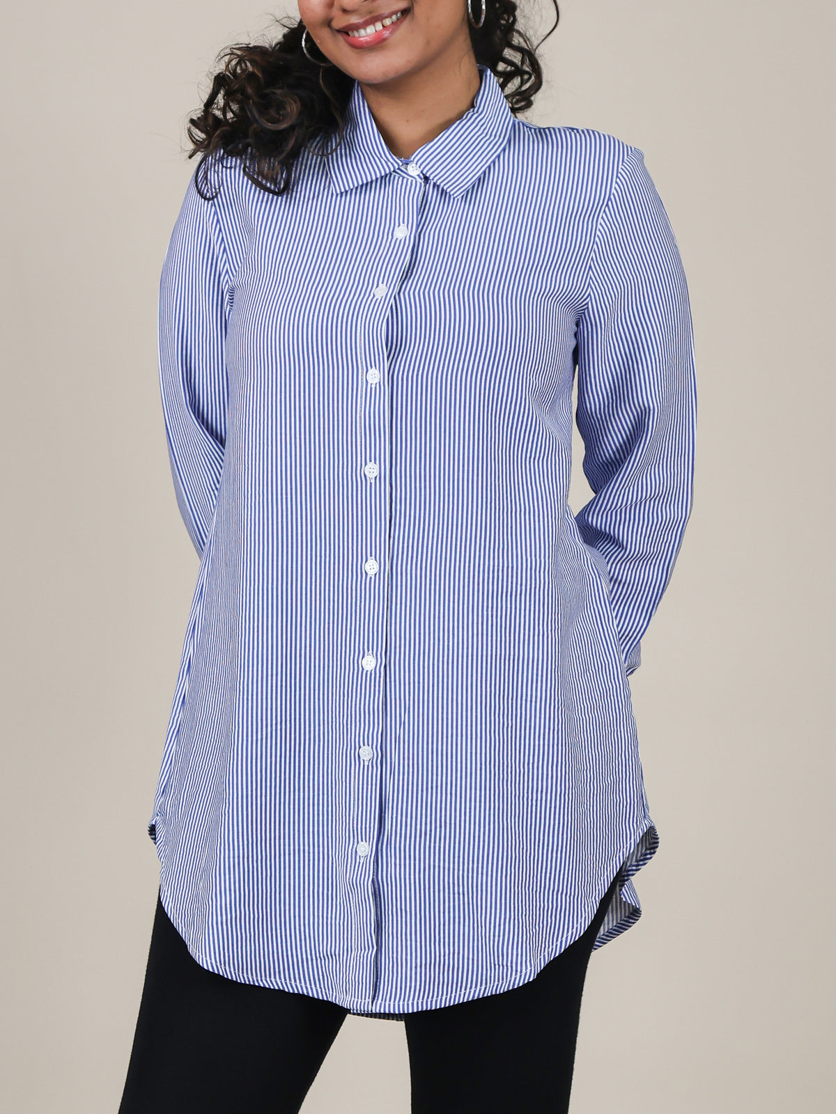 Elara Blue Stripe Button Front Top
