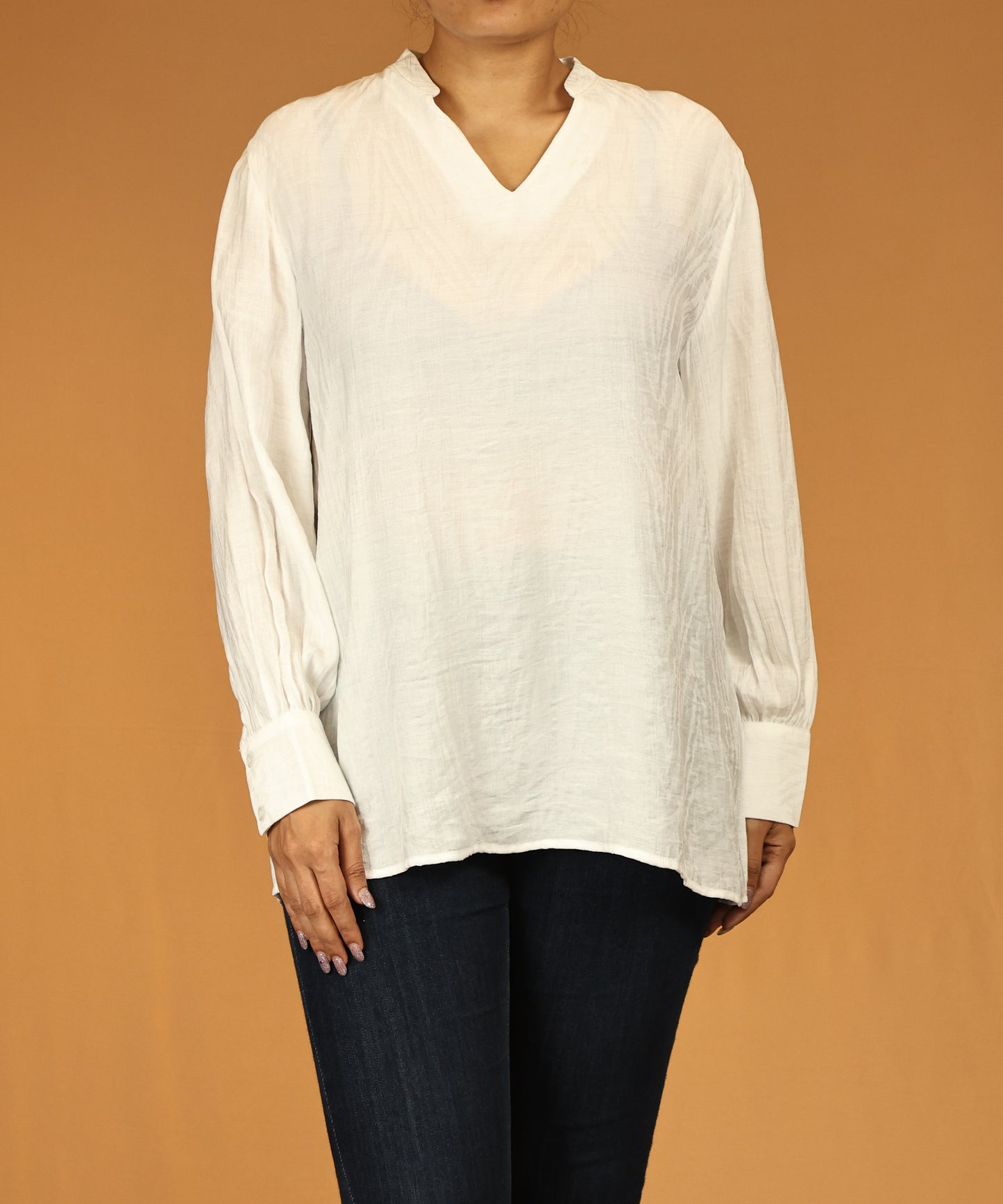 White Textured Long Sleeve Tunic Top