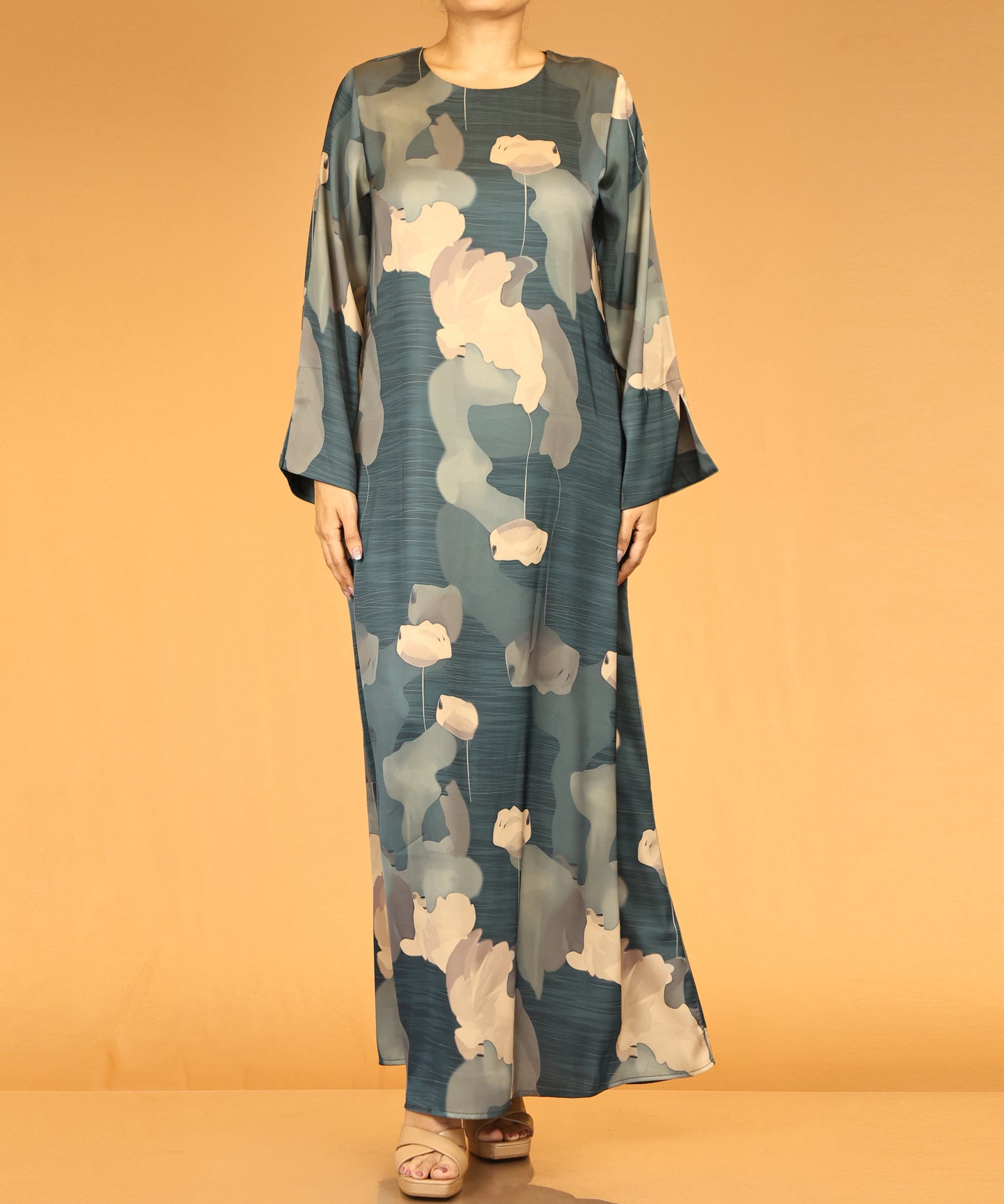 Floral Abstract Print Abaya – Teal Blue