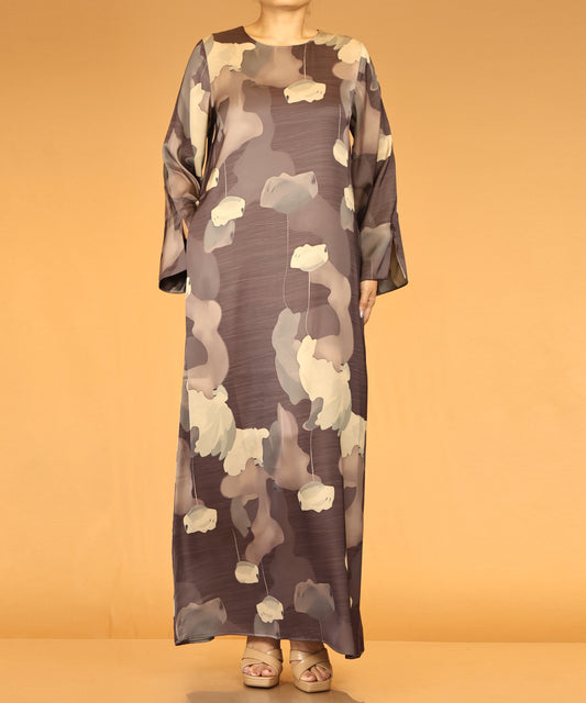 Floral Abstract Print Abaya – Mocha Brown