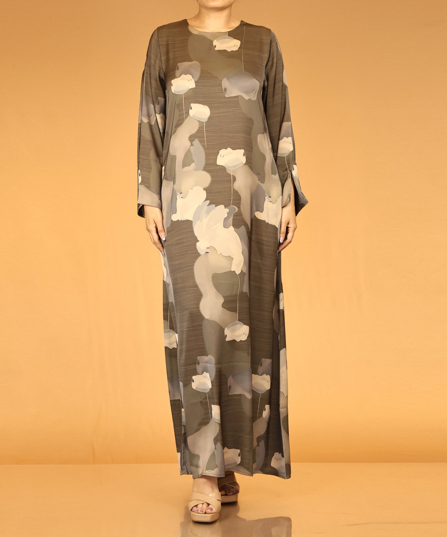 Floral Abstract Print Abaya – Olive Green
