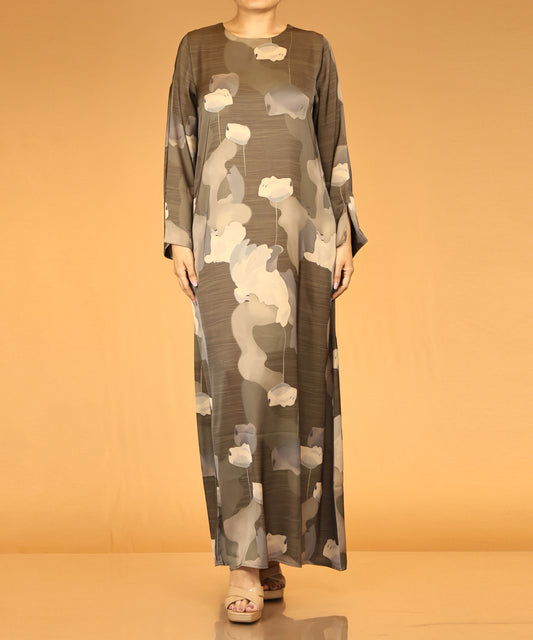 Floral Abstract Print Abaya – Olive Green