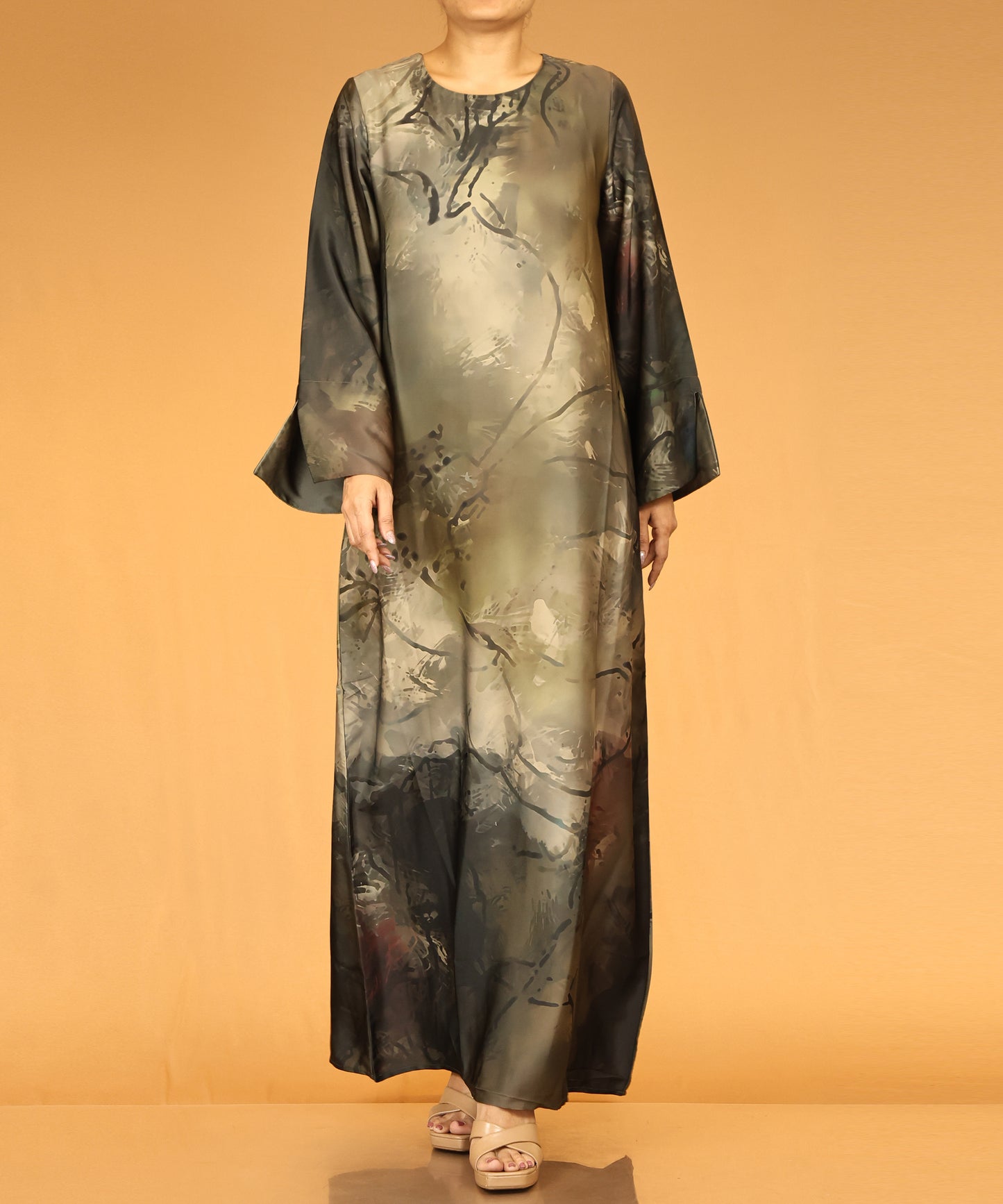 Olive Watercolour Print Long Maxi Abaya