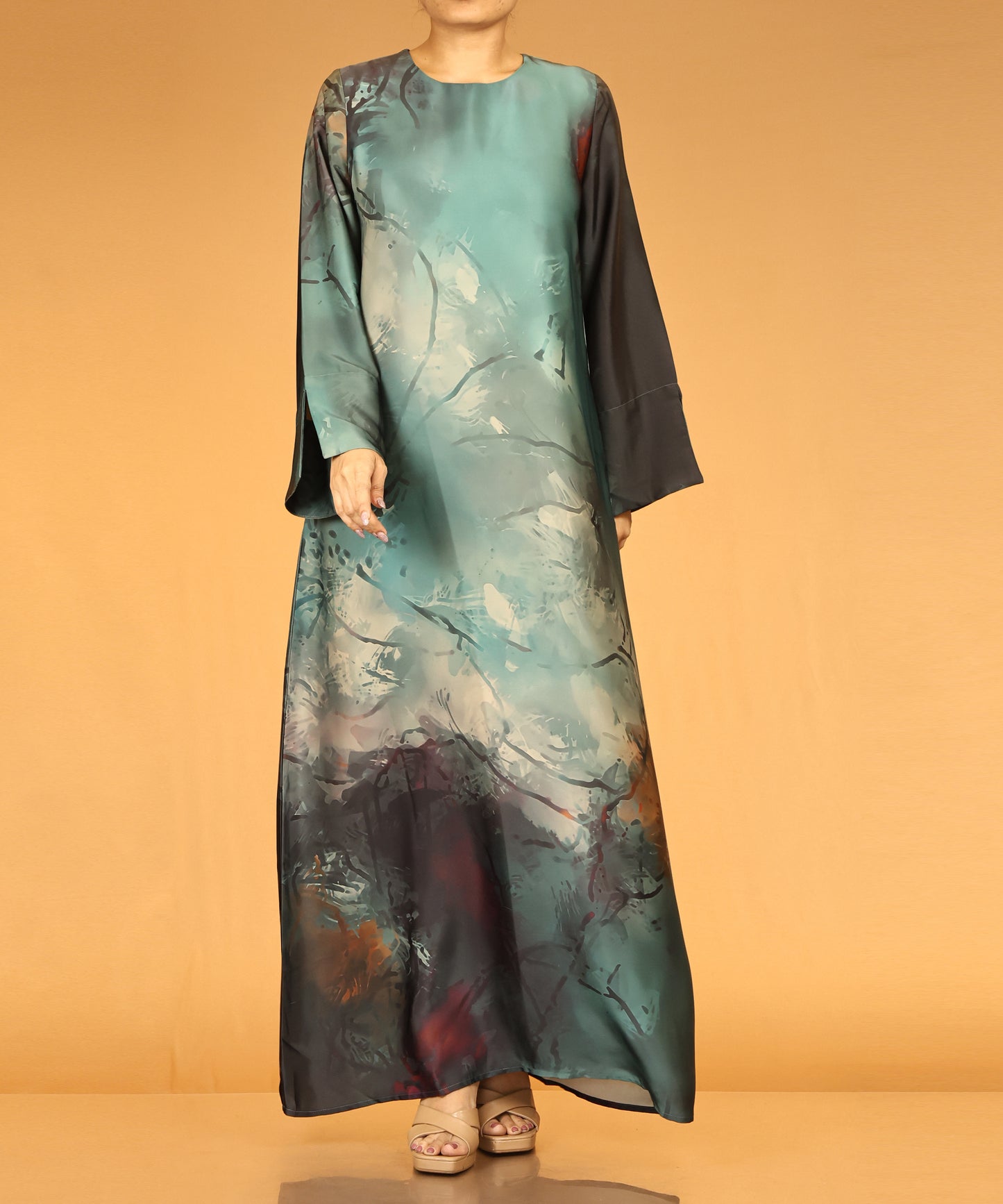 Teal Watercolour Print Long Maxi Abaya